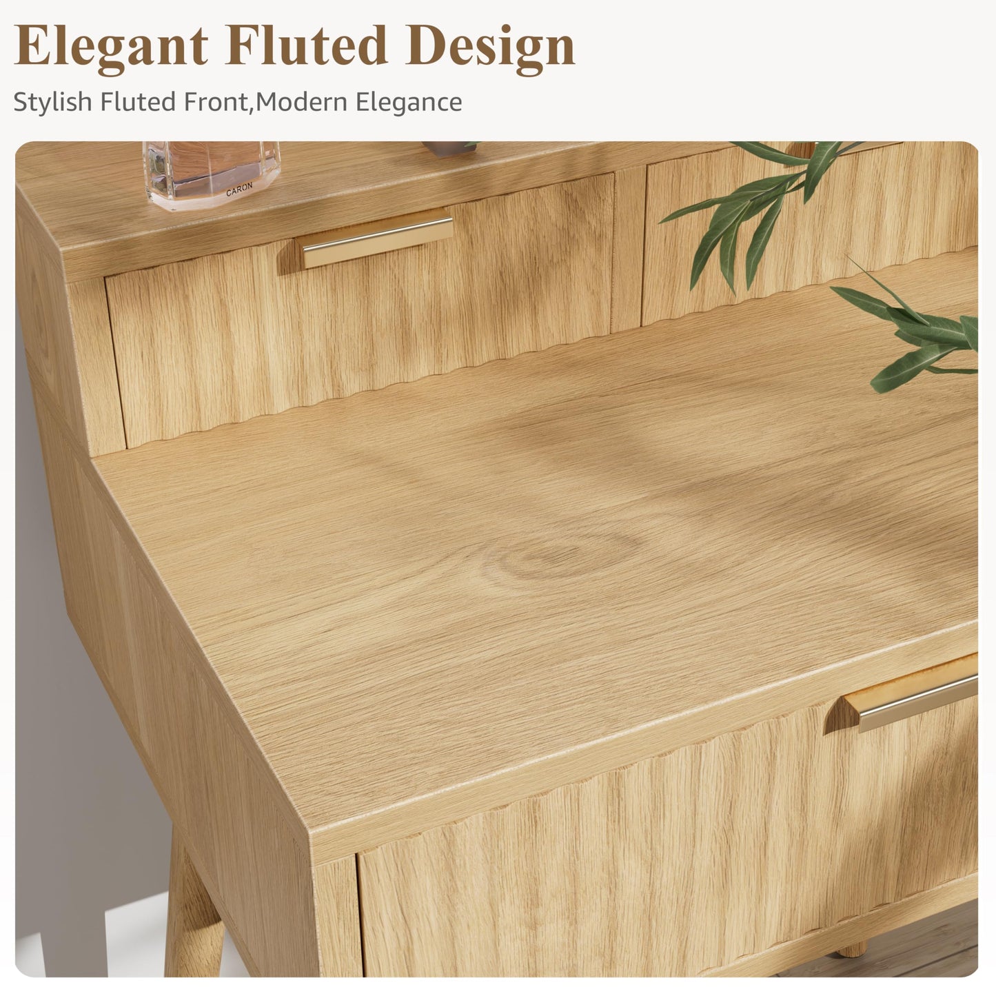 BOLUO Small Vanity Desk with Hollywood Mirror and Lights, Girls Vanity with Stool, Fluted Vanity Set, Compact Make Up Table with Drawers and Outlet Bedroom