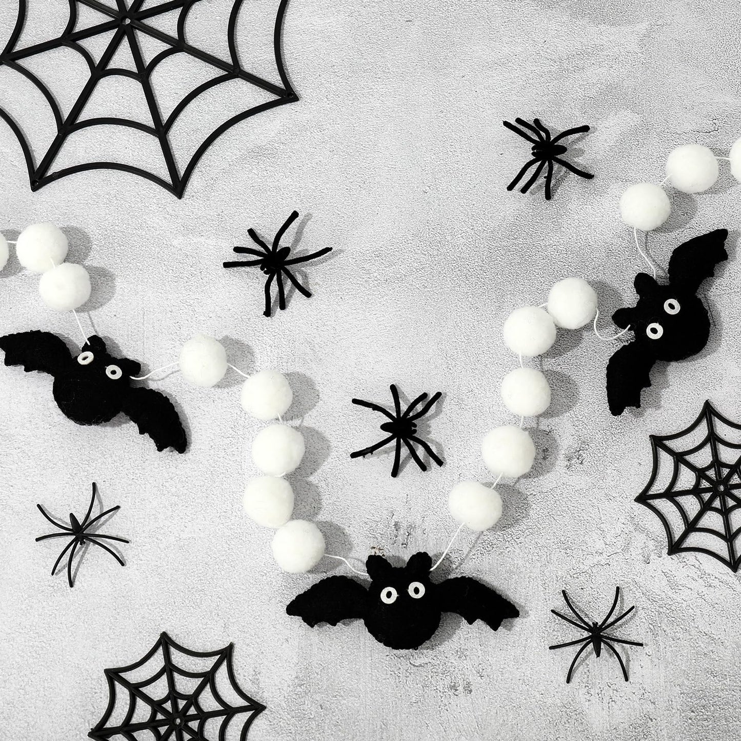 AnyDesign 8.2Ft Felt Garland with 3D Black Bats, White Pom Pom Balls - Halloween Banner for Home Decoration