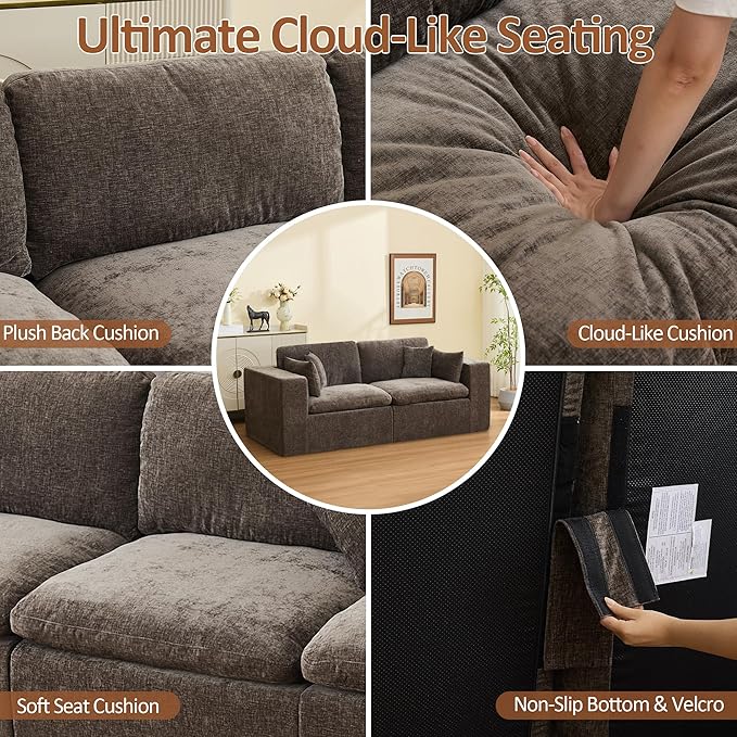88''Cloud Boneless Sectional Couch, Modular Sectional Sofa Deep Seat, Upholstered Convertible Comfy Loveseat Chenille Memory Foam Sofa Couches for Living Room, Brown