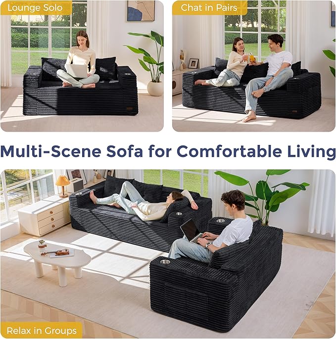 MAXYOYO Boneless Couch and Loveseat Sets for Small Spaces, Mini Love Seat Floor Couch with Cup Holders and Pillows, Upholstered Cloud Couch for Bedroom Apartment, No Assembly Required