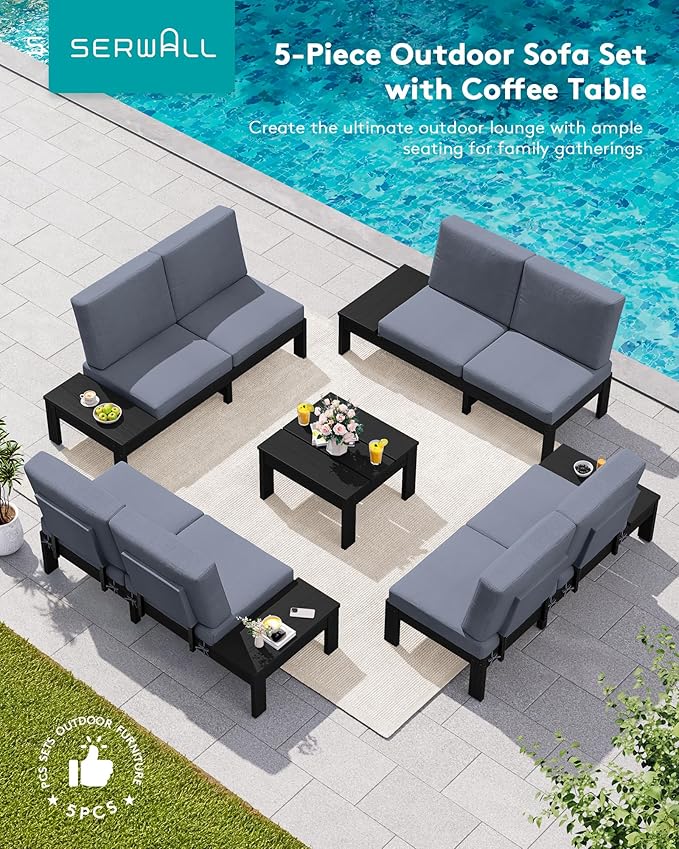 SERWALL HDPE Patio Furniture Set, 8 Seats Outdoor Sectional with Coffee Table, Outdoor Conversation Sets with Adjustable Backrest Sofa for Garden, Poolside, Black Frame with Grey Cushion