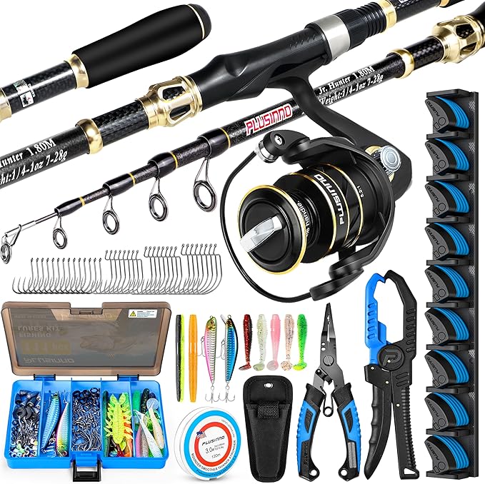 PLUSINNO Fishing Gear,Full Fishing kit Include Fishing Rod and Reel Combo, Tackle Box with Fishing Lures, Fishing Accessor...