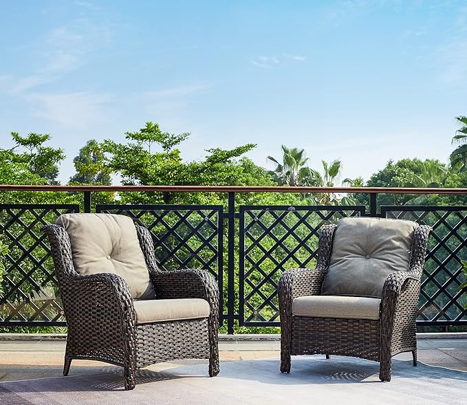 Rilyson Outdoor Furniture Set, 5-Piece Patio Rattan Wicker Sectional Sofa Set with 3-Seat Couch, 2 Armchairs, 2 Ottoman Footrests for Patio Conversation (5 PC,Brown/Grey)