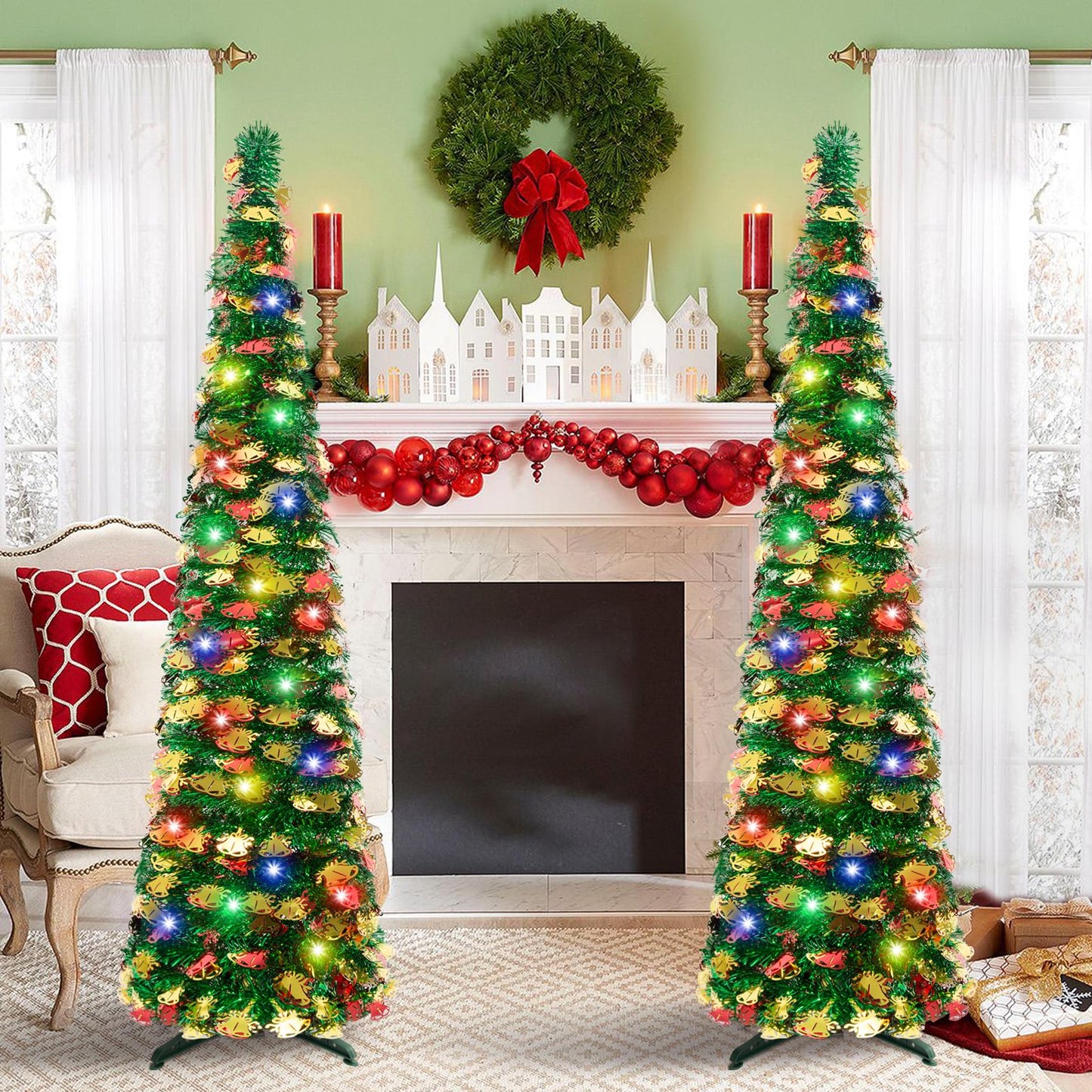 5Ft Pop Up Christmas Tree with Lights, Collapsible Pencil Tree Green Gold, Skinny Christmas Tree Slim Xmas Tree, Artificial Tinsel Tree Foldable for Home Apartment Holiday Party Winter Decor