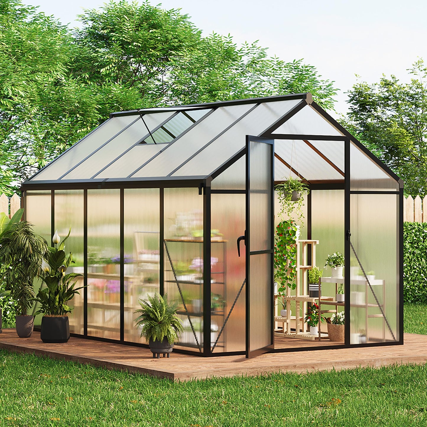 6X10 Ft Polycarbonate Greenhouse Sunroom with Aluminum Frame, Outdoor Greenhouse for Vegetables Herbs Flowers, Lockable Door & Adjustable Roof Vent, Patio Backyard Greenhouse Kit for Gardening, Black