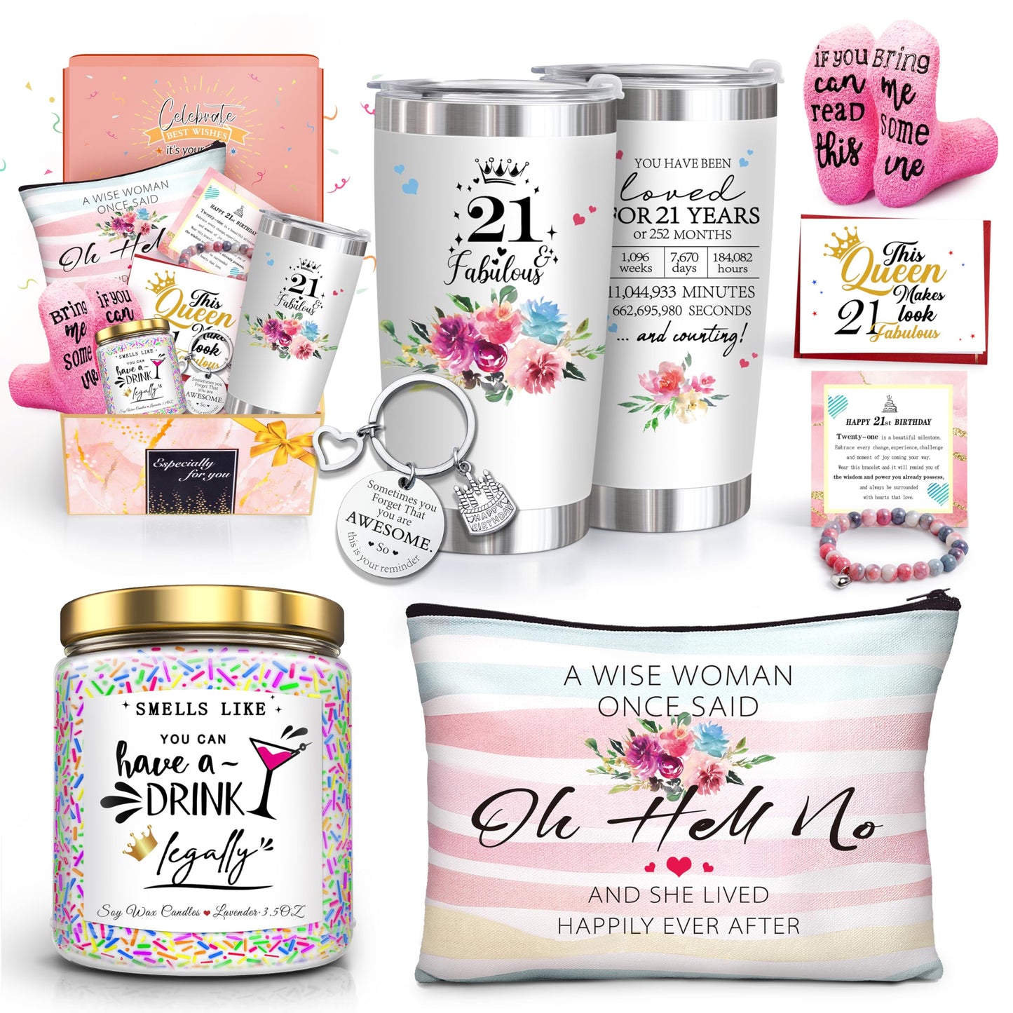 ShinnyWis 21st Birthday Gifts for Her Women,Happy 21st Birthday Basket Gifts Box for Her Daughter Sister Girlfriend,Tumblers Gifts Set for 21 Year Old Women,Funny 21 Birthday Gifts Ideas