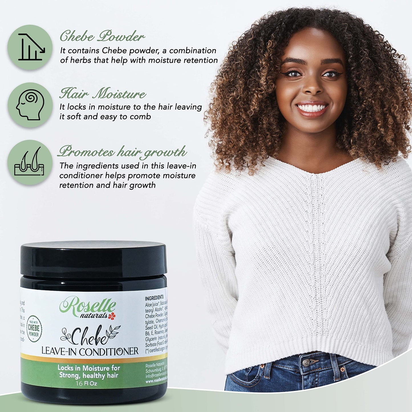 Roselle Naturals Chebe Leave In Conditioner Organic 16 Oz Chebe Powder for Hair Growth, African Chebe & Rosemary Oil, Chebe Hair