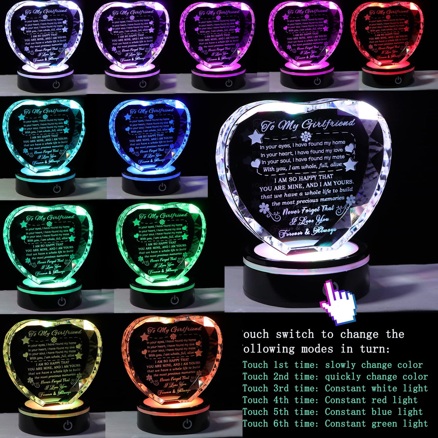 YWHL Gifts for Girlfriend with Colorful Base Romantic Heart Crystal Keepsakes to My Girlfriend Gifts from Boyfriend on Birthday Anniversary I Love You Gifts for Her