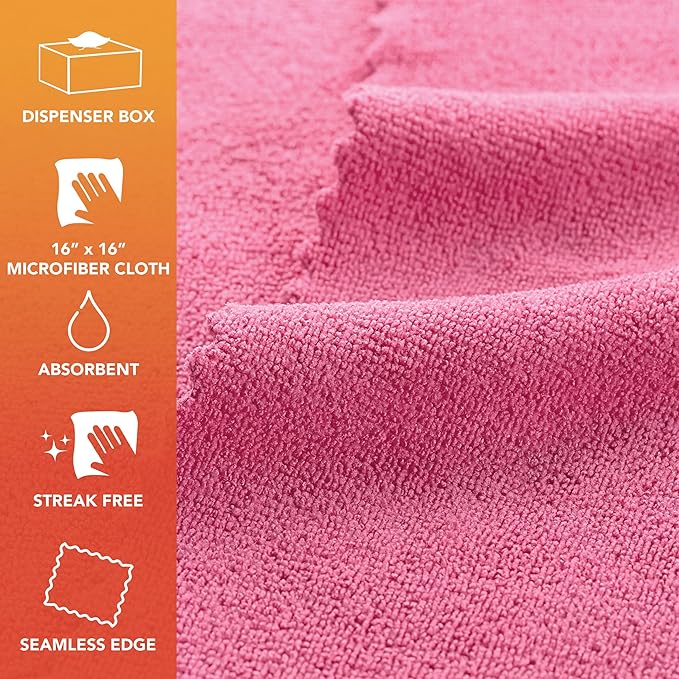 Arkwright Smart Rags in Box - (Pack of 50) Lint Free, Large Microfiber Cleaning Cloth, Scratch & Streak-Free, Dispensable Wash Towels for Cars, Kitchen, and Window Glass, Pink