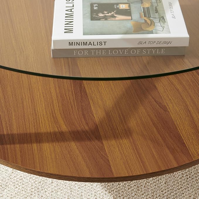 Pine Flicker Round Coffee Table, Mid-Century Modern Design, D30*H17 inch, for Living Room, 2-Tier Structure, Clear Glass Top and Walnut MDF Shelf, Sleek Conical Metal Legs with Gold Finish