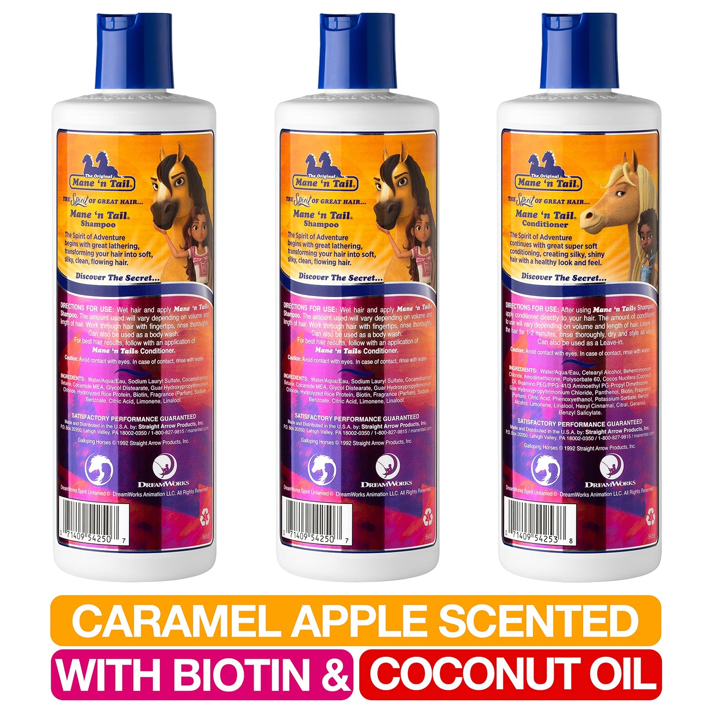 Mane 'n Tail Spirit Untamed Shampoo (2-Pack) & Conditioner (1-Pack) - Caramel Apple Scented, Gentle Coconut Oil Formula for Soft