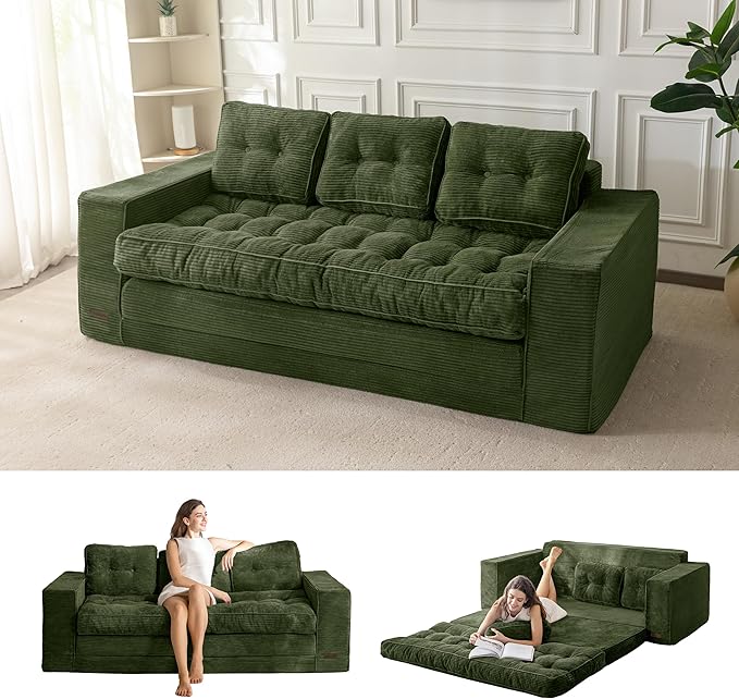 MAXYOYO Convertible Sofa Bed, Pull Out 3 Seater Sleeper Sofa, 2 in 3 Folding Couch Bed, Fold Out Floor Couch with Pillows for Living Room Bedroom Lounge, Dark Green