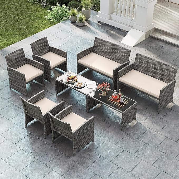 Tangkula 8 Piece Patio Wicker Furniture Set, Outdoor Heavy Duty Rattan Cushioned Chairs, Loveseat and Tempered Glass Coffee Table, for Backyard, Balcony, Poolside