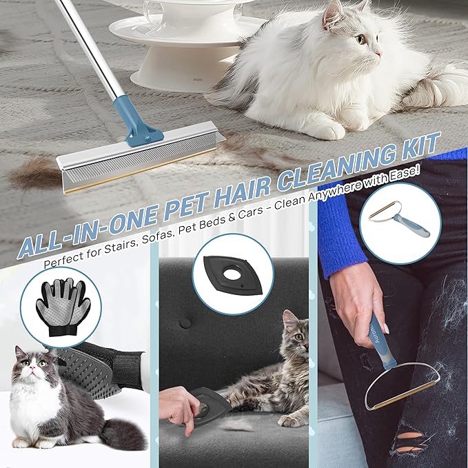 7 in 1 Carpet Rake for Pet Hair Removal with 51” Adjustable Pet Hair Removal Broom for Rugs, Mats and Couch