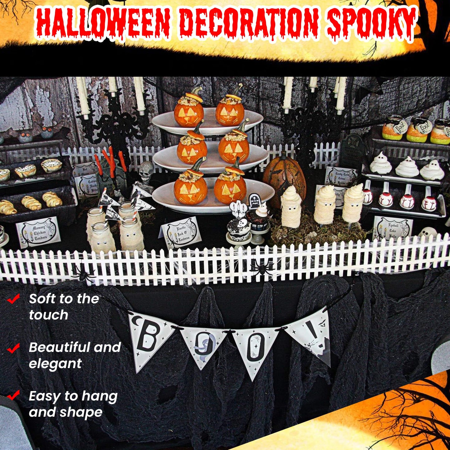 DealKits [2 PACKS] Halloween Creepy Cloth, Spooky Giant (48 x 240 in.) Cheese Cloth Tapestry for Halloween Party Supplies Decorations Outdoor Yard Home Wall Decor, Black