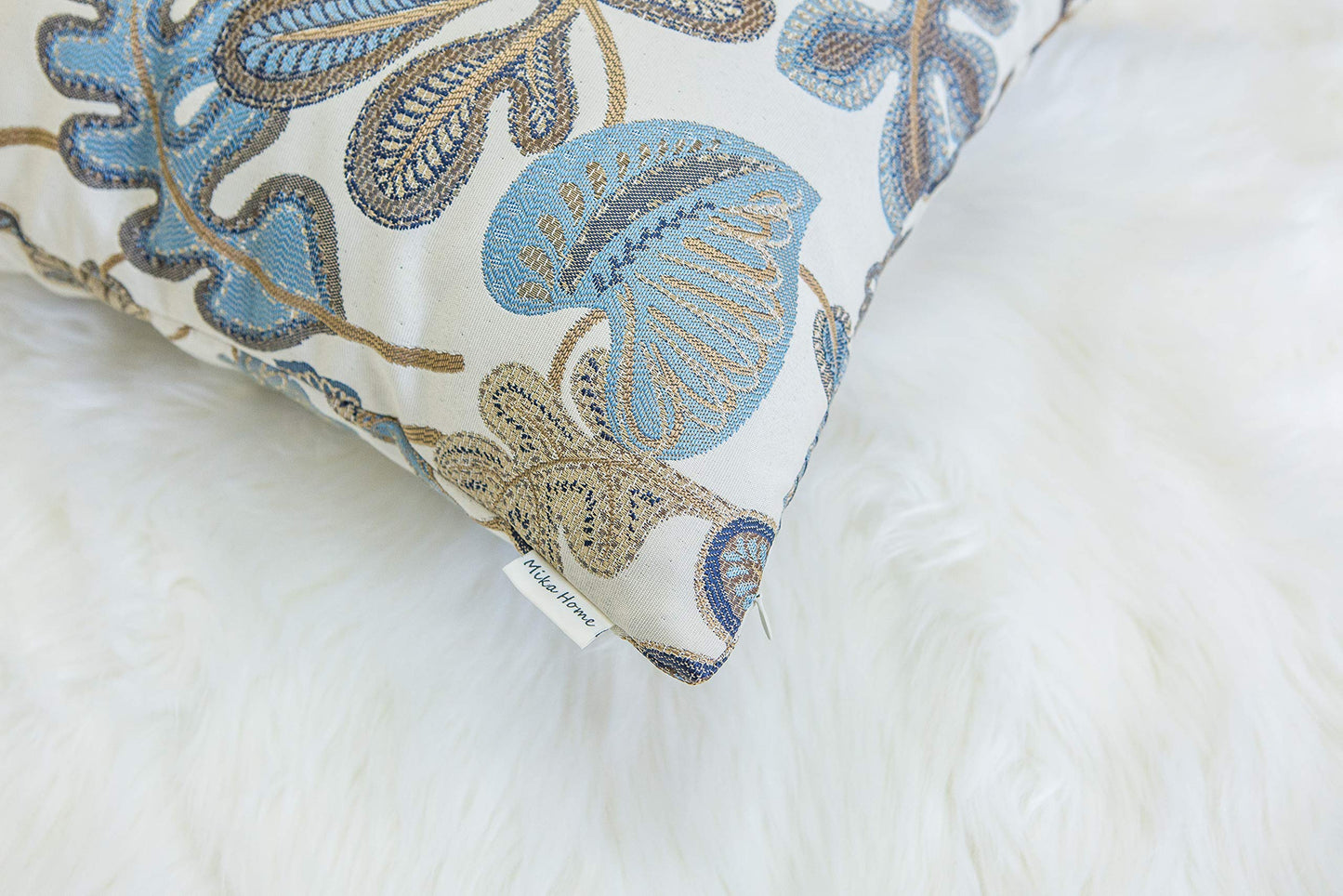 Mika Home Set of 2 Jacquard Tropical Leaf Pattern Throw Pillow Covers Decorative Pillowcase 22X22 Inches,Blue Cream