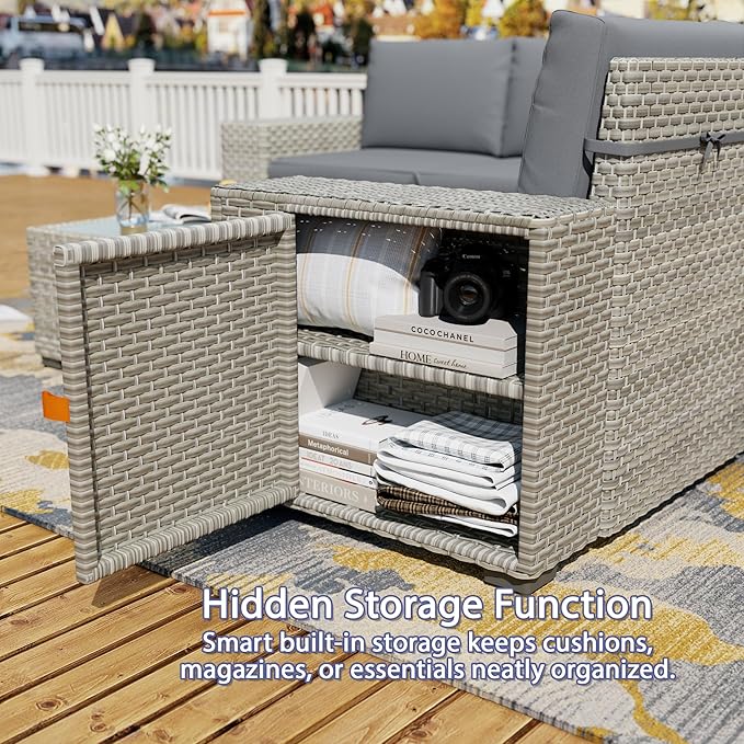 Broivira 12 Piece Patio Furniture Set, 9.8" Wide Arm Sectional Sofa with Storage Armrests, All-Weather Rattan Outdoor Conversation Set for Garden, Porch, Lawn, Backyard, Balcony, Grey
