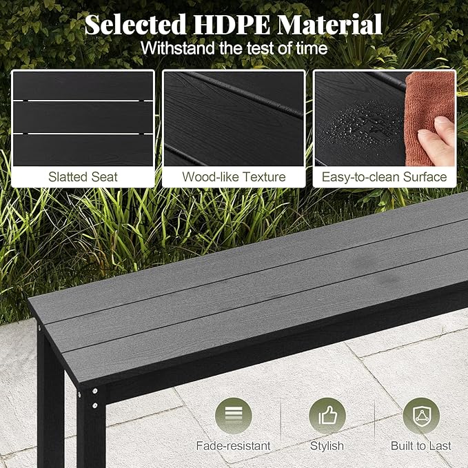 Tangkula HDPE Outdoor Bench, 2-3 Person Patio Bench, 55" Backless Garden Dining Bench with Slatted Seat, Weatherproof Park Bench for Entryway, Porch, Lawn & Backyard (Black,1)