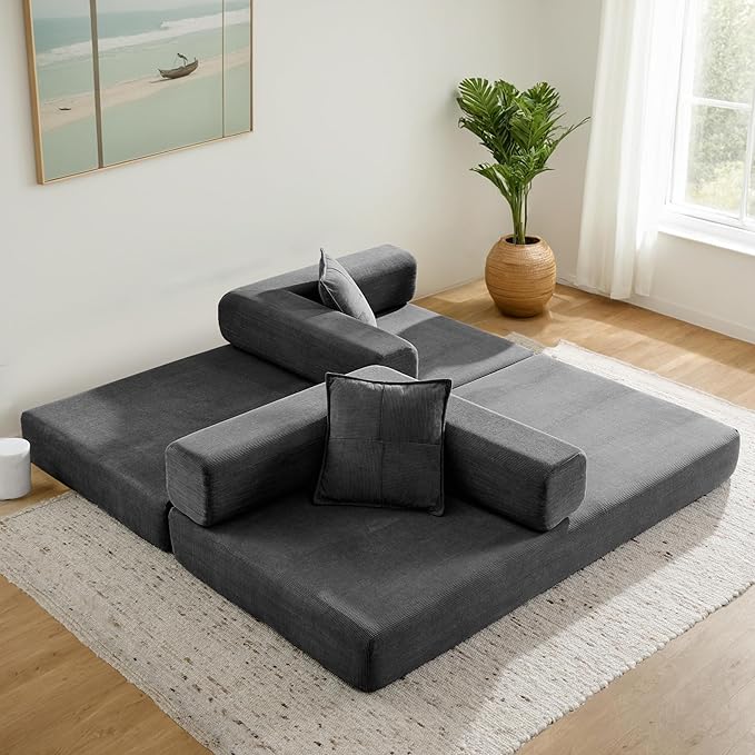 Convertible Couch Sofa Bed Foldable Floor Sleeper | Modern Deep Seat Fold Out Couch | Removable Backrest & Armrests | No Assembly Compression Sofa Sleeper for Living Room, Bedroom | Corduroy Gray