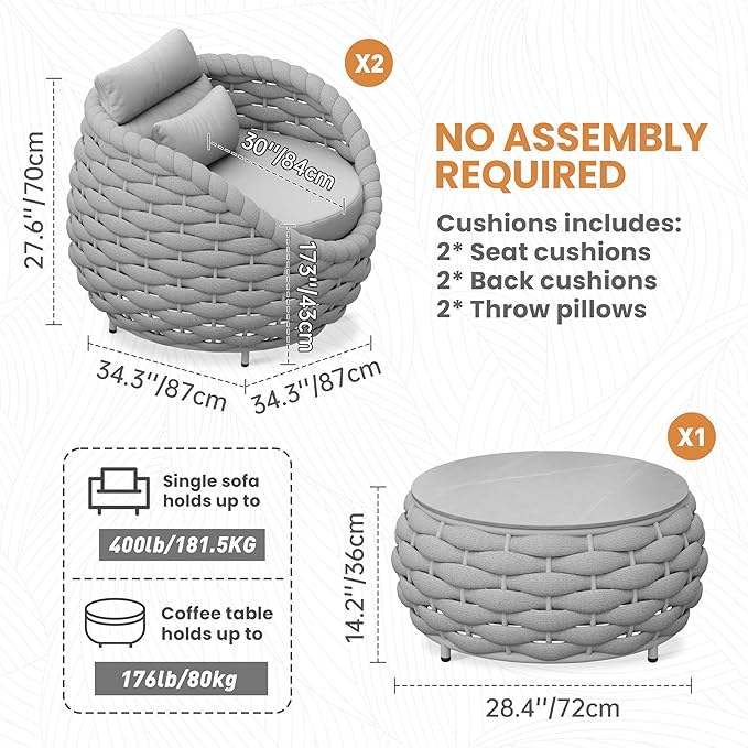 Erotr Front Porch Furniture Set: 3 Pieces Aluminum Patio Conversation Sofa Set for 2 - All Weather Woven Rope Outdoor Armchair Set w/Cushions No Assembly for Bistro Pool Yard Balcony Deck Hotel, Gray