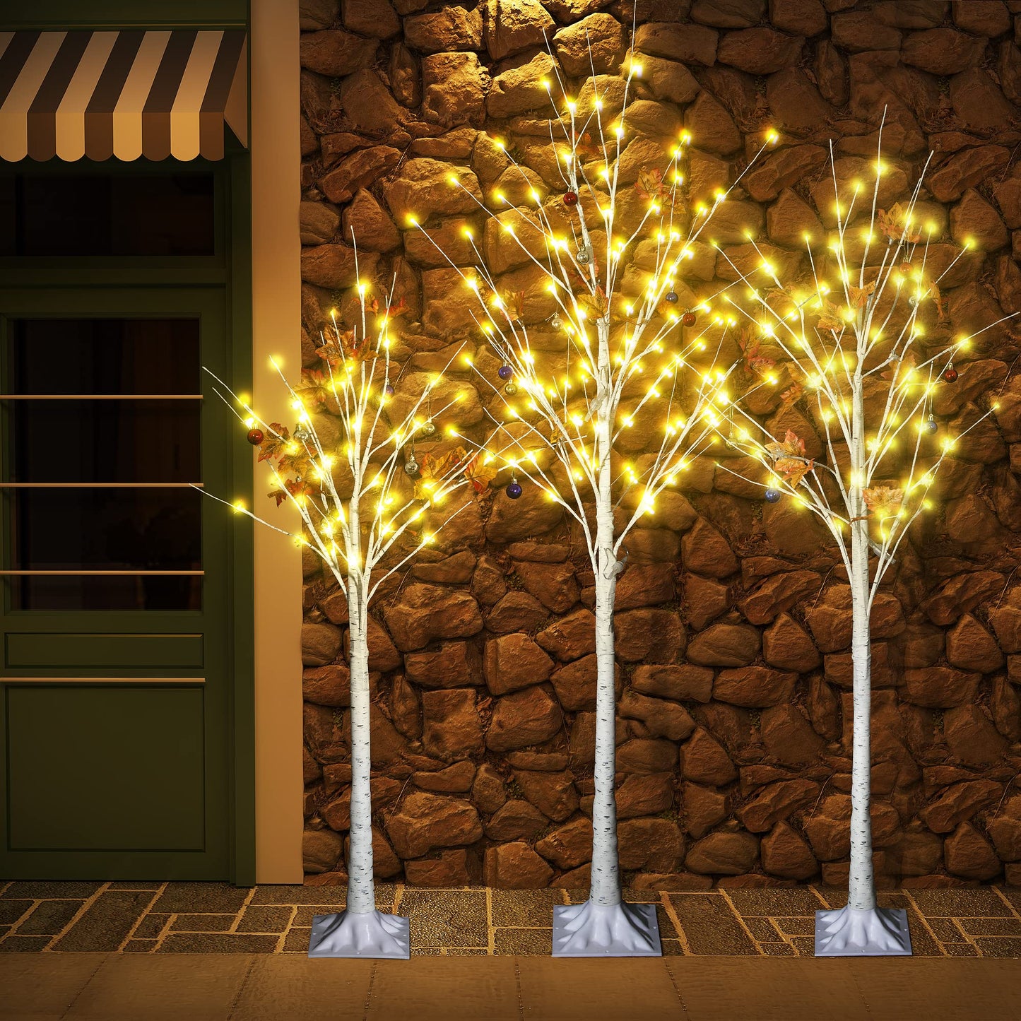Set of 3 Birch Tree with LED Lights, 4FT 5FT 6FT Prelit Christmas Tree, Lighted White Artificial Tree for Indoor Outdoor, Thanksgiving Christmas Seasonal Holiday Decoration