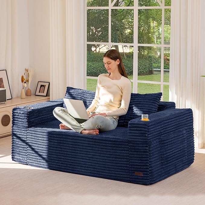 MAXYOYO 63" Boneless Loveseat Sofa Couch for Small Spaces, Mini Love Seat Floor Couch with Cup Holders and Pillows, 2-Seater Upholstered Cloud Couch for Bedroom Apartment, No Assembly Required