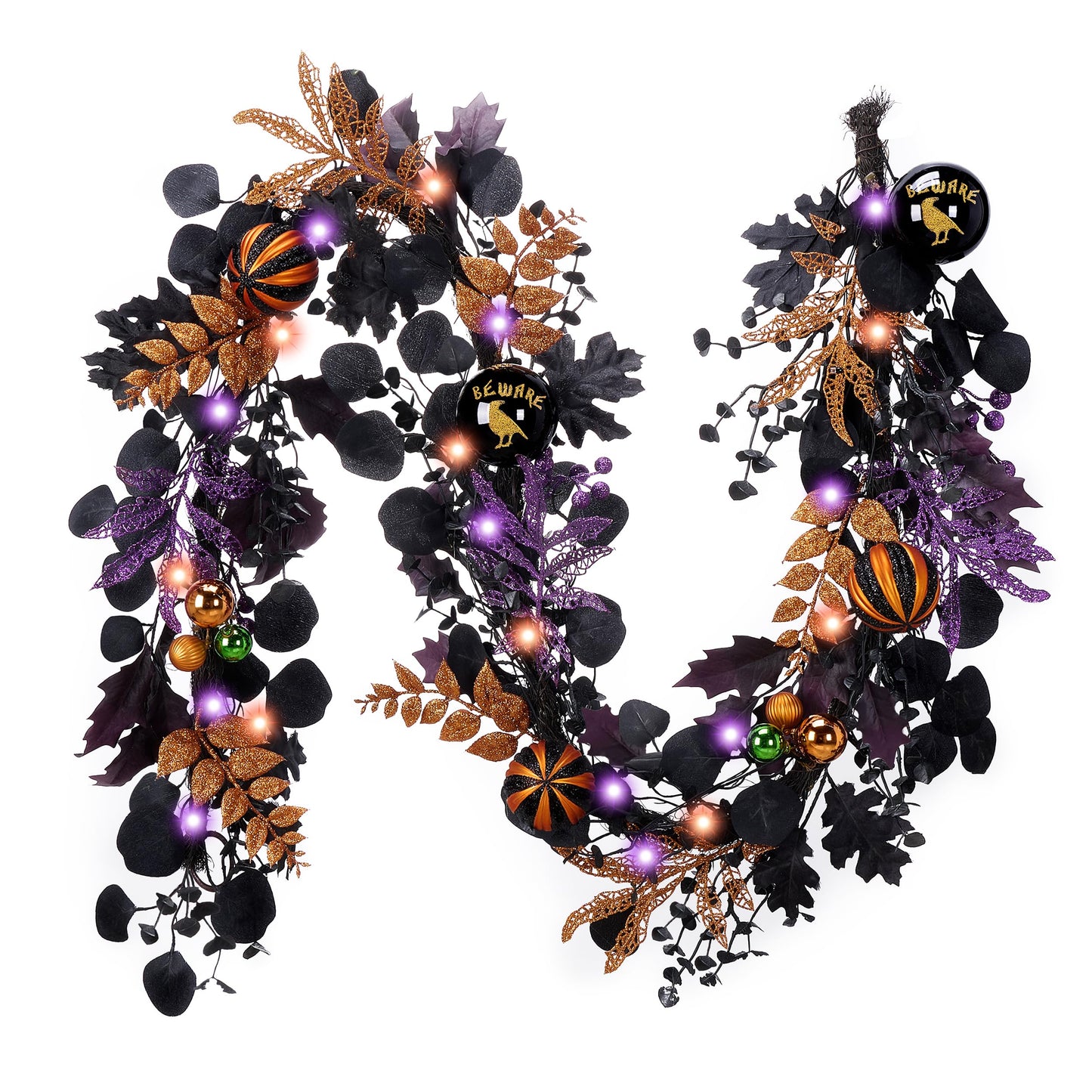 Valery Madelyn Halloween Garland for Mantel with Lights, 6 Feet Pre-Lit Jack-o'-Lantern Pumpkins and Ball Garland Decorations for Table Centerpiece Mantle Indoor Stair Home Decor