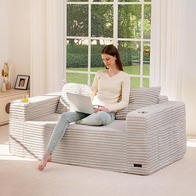 MAXYOYO 63" Boneless Loveseat Sofa Couch for Small Spaces, Mini Love Seat Floor Couch with Cup Holders and Pillows, 2-Seater Upholstered Cloud Couch for Bedroom Apartment, No Assembly Required