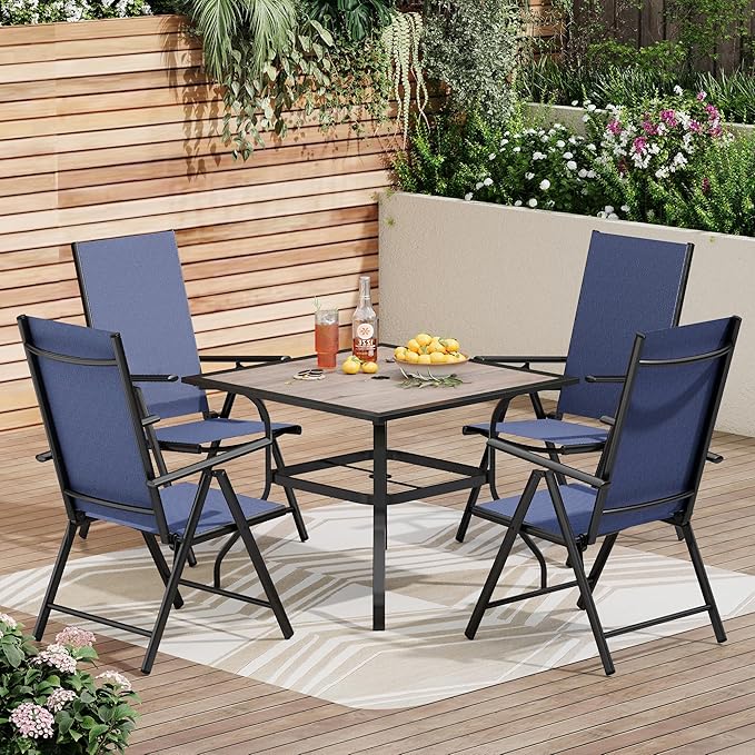 PHI VILLA Patio Folding Chairs Set of 4, Portable Outdoor Dining Chairs with Adjustable Backrest for Outside, Garden, Lawn & Yard, No Assembly, Blue