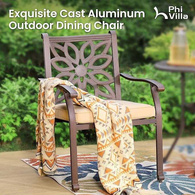 PHI VILLA Outdoor Patio Aluminum Dining Chairs Set of 2, Extra Wide Armrest Stable Chairs with 2.8" Seat Cushion, Casting Frame for All Weather