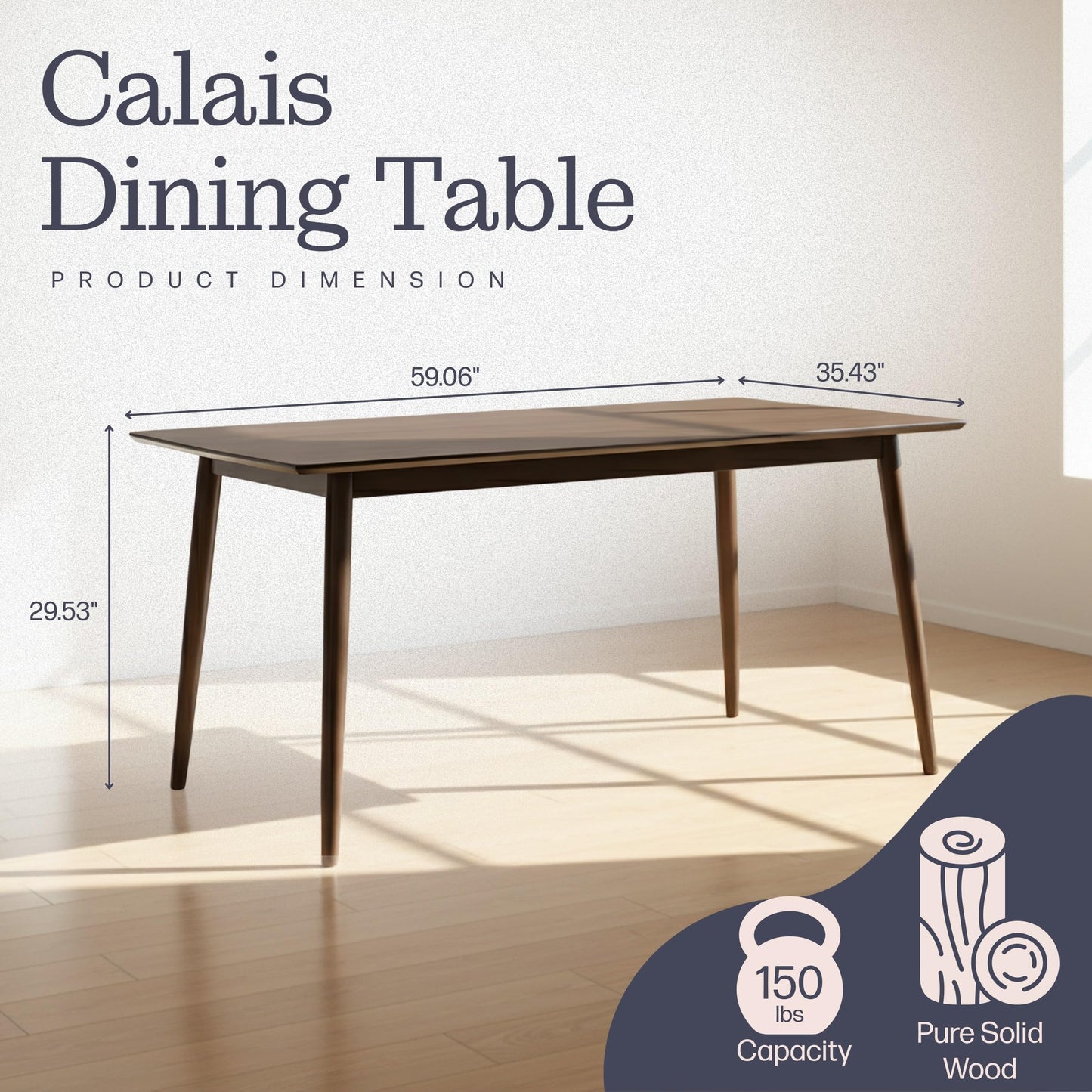 Alaterre Furniture Calais Dining – Mid Century Modern 59-Inch Rectangular Dining Table for 4 – Solid Wood Kitchen and Dining Room Table with Minimalist Design (Warm Walnut Finish)