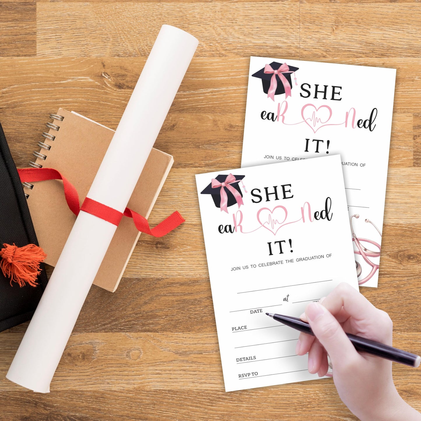 Nursing School Graduation Party Invitations - She Earned It - 20 Invites With Envelopes, Double-sided Fill In Invite Cards For College, High School, University Grad- Party Decorations & Supplies - A02