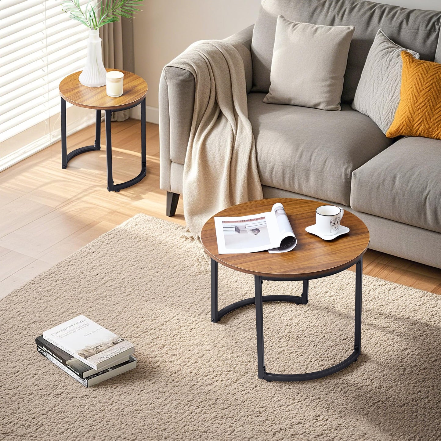 VECELO Nesting Coffee Table Set of 2, Wood Round Side Tables with Adjustable Non-Slip Feet, for Living Room, Brown