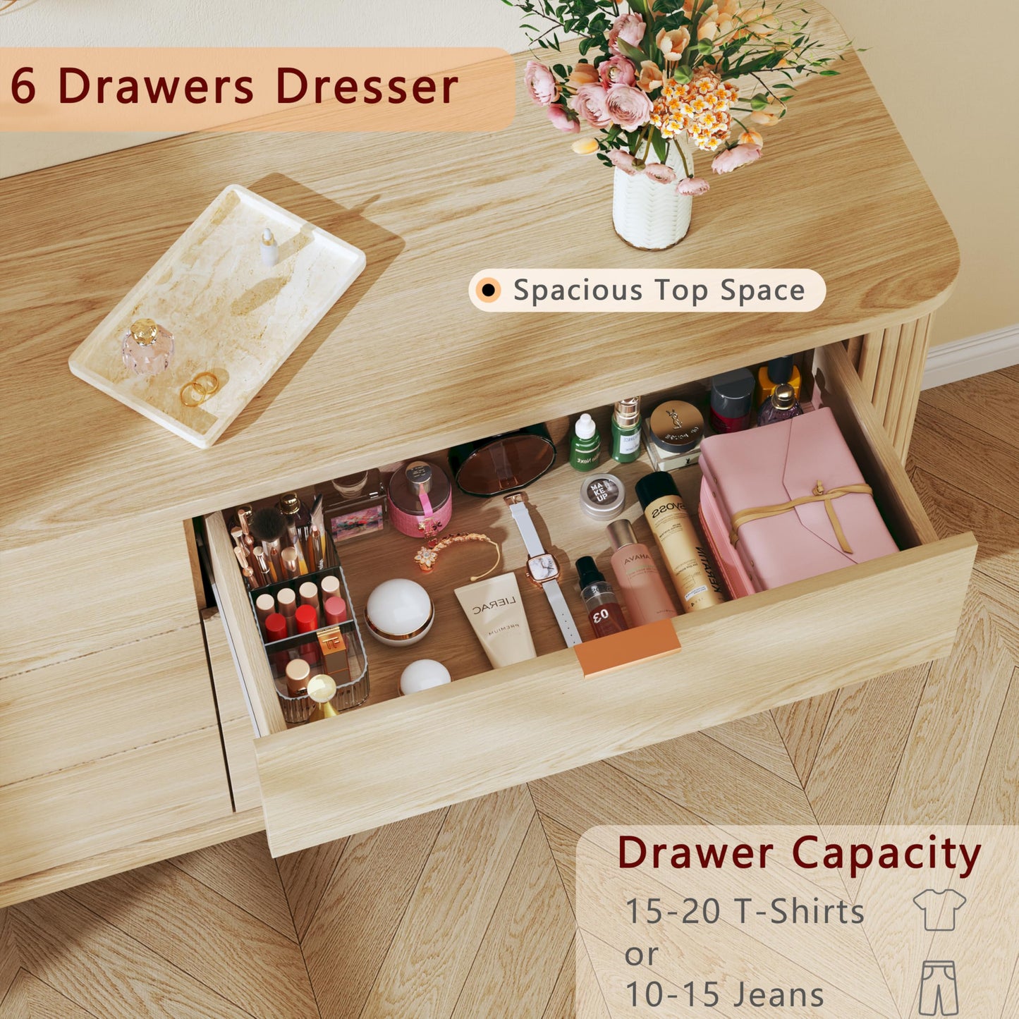 HUAHUU Fluted 6 Drawers Dresser for Bedroom, 55" Mid Century Modern Dresser & Chests of Drawers, Curved Profile Design, Dressers TV Stand, Wood Storage for Hallway, Entryway, Oak