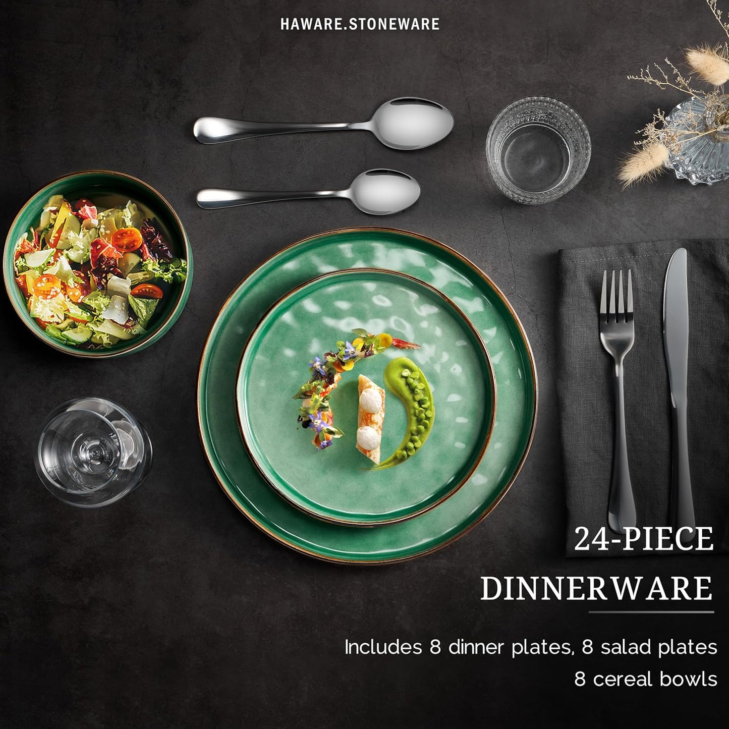 HaWare Dinnerware Sets, 24-Piece Plates and Bowls Set, Stoneware Dish Set for 8, Ceramic Dinnerware for Home Restaurant, Chip and Scratch Resistant, Microwave and Dishwasher Safe, Reactive Green