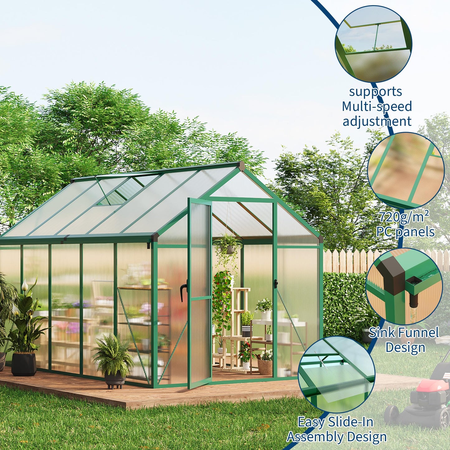 GarveeHome 6X10 FT Greenhouse for Outdoors, Large Walk-in Polycarbonate Greenhouse Kit, Aluminum Frame, Lockable Door, Roof Vent, Ground Spikes, for Garden, Patio, Backyard, Outdoor Plant Growth