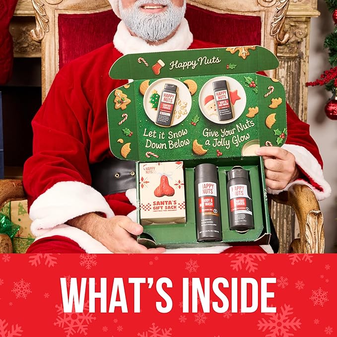 Happy Nuts Holiday Anti Chafing Gift Box for Men with Comfort Powder, Body Wash & Christmas Ornament - Ultimate Men's Care Stocking Stuffer for Him & White Elephant Gift Idea