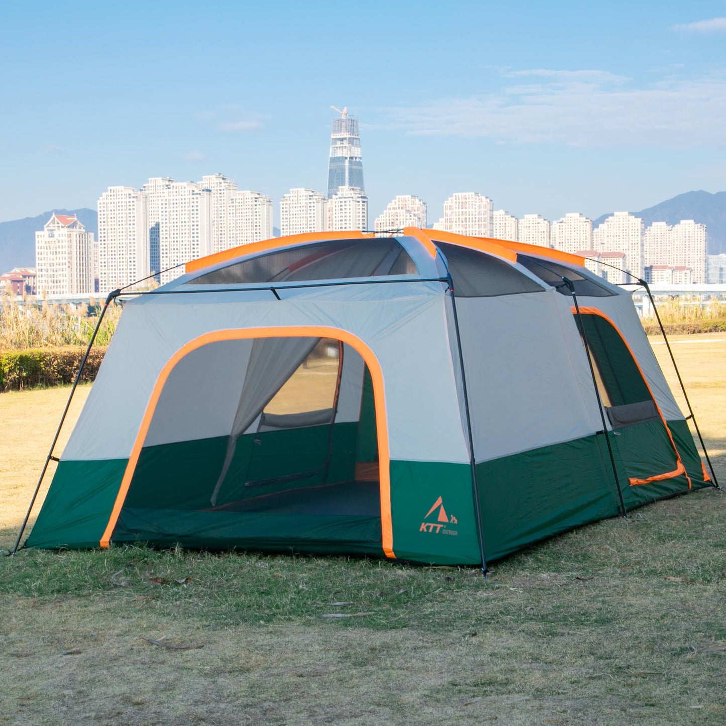 KTT Extra Large Tent 14 Person,Family Cabin Tents,2 Rooms,3 Doors and 3 Windows with Mesh,Straight Wall,Waterproof,Double Layer,Big Tent for Outdoor,Picnic,Camping,Family Gathering(Green)