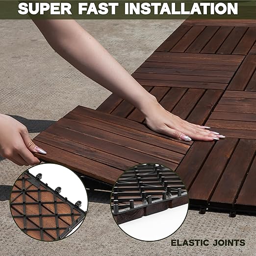 VICTORY RELAX Acacia Wood Decking Tiles 27PCS - Easy Snap Interlocking Deck Tiles for Patio Poolside Balcony Decor - All Weather Waterproof Flooring for Indoor & Outdoor (Round Joints)