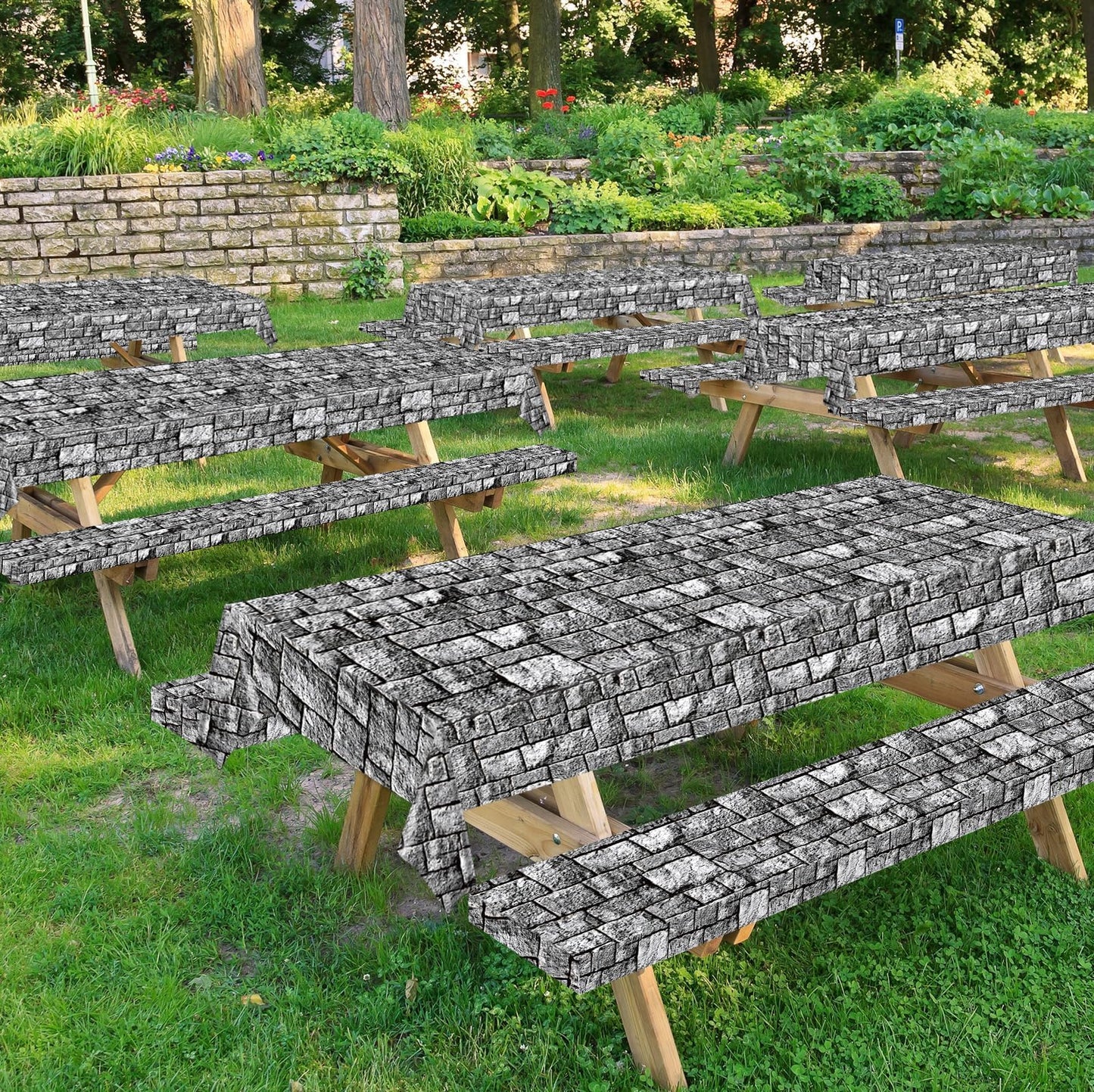 party greeting Brick Stone Wall Tablecloth Roll 100FT x 51 Inch Disposable Stone Wrapping Plastic Table Covers Roll Castle Knight Themed Backdrop for Halloween Birthday Medieval Party Decoration
