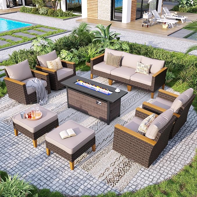 GREEN PARTY 9 Pieces Wicker Patio Furniture Set with 56" Fire Pit Table, All-Weather Outdoor Rattan Patio Sectional Sofa Conversation Set 9 Seats for Garden, Backyard, 4 x Swivel Chairs