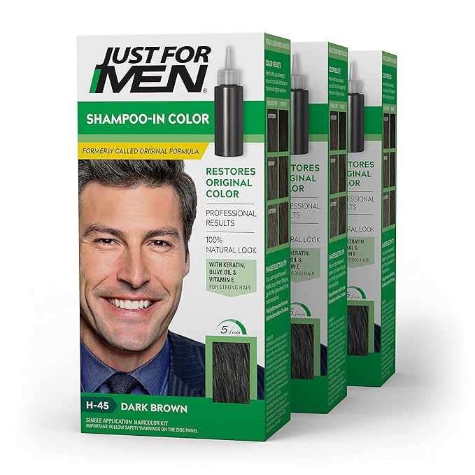 Just For Men Shampoo-In Color (Formerly Original Formula), Mens Hair Color with Keratin and Vitamin E for Stronger Hair - Dark Brown, H-45, Pack of 3