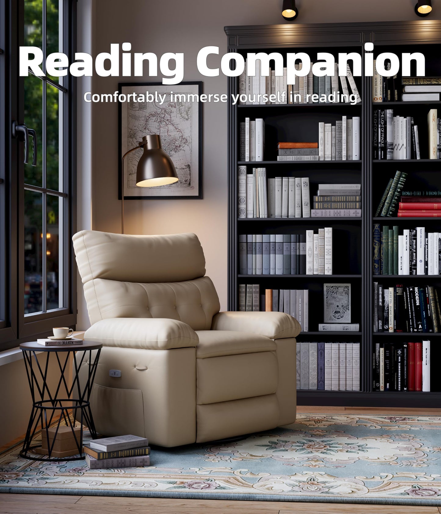 Swivel Rocker Recliner Chair, Massage Recliner Chair with Heat, 360° Swivel PU Leather Manual Recliner for Adults, Long Sitting Fatigue Relief and Shoulder Neck Relaxation, Beige