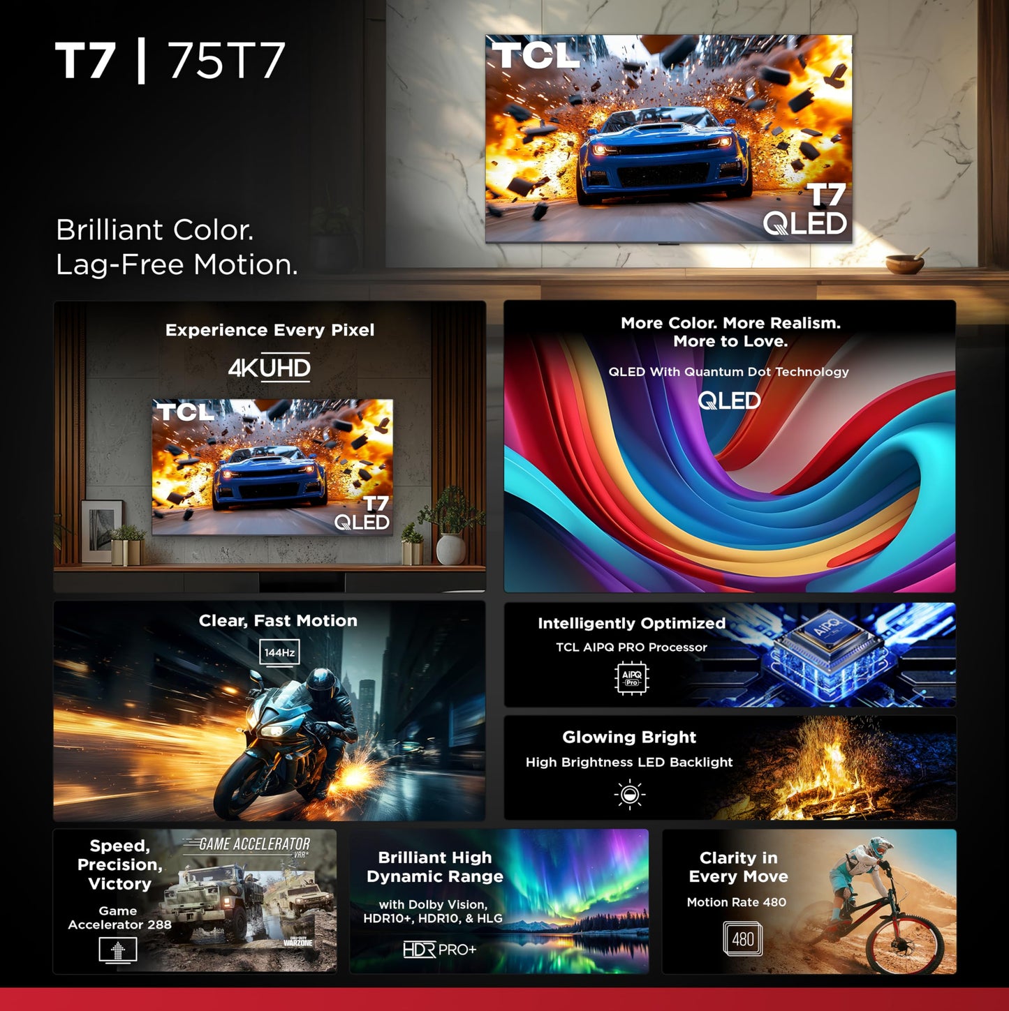 TCL Amazon Exclusive 75 Inch Class T7 Series | 4K QLED HDR Lag-Free Smart Google TV | 75T7, 2025 Model | 120Hz-144Hz High Brightness, Dolby Atmos, Alexa Voice Remote AI Streaming Gaming Television