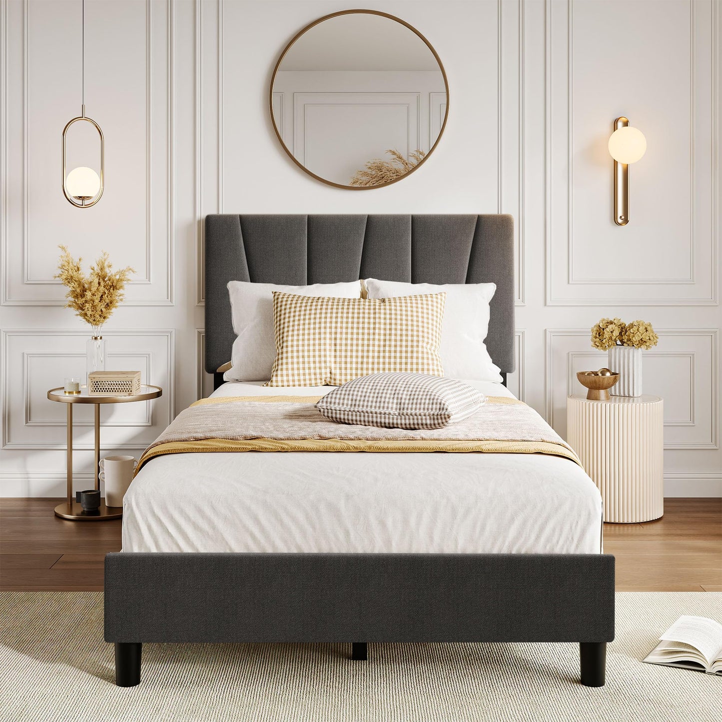 GarveeHome Twin Size Bed Frame with Adjustable Headboard, Linen Upholstered Twin Platform Bedframe with Strong Wooden Slats, Mattress Foundation, No Box Spring Needed, Easy Assembly(Dark Grey, Twin)
