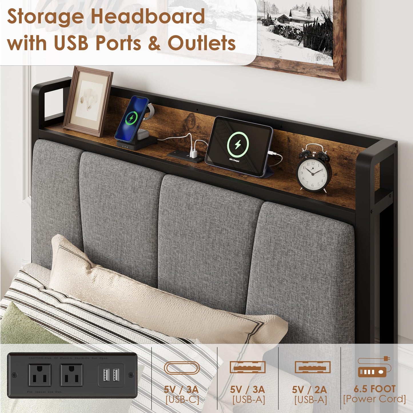 GAOMON Twin Size Bed Frame with 2 Storage Drawers and Charging Station, Rustic Linen Upholstered Platform Bedframe with Storage Headboard, Heavy Duty, No Box Spring Needed, Easy Assembly, Noise Free