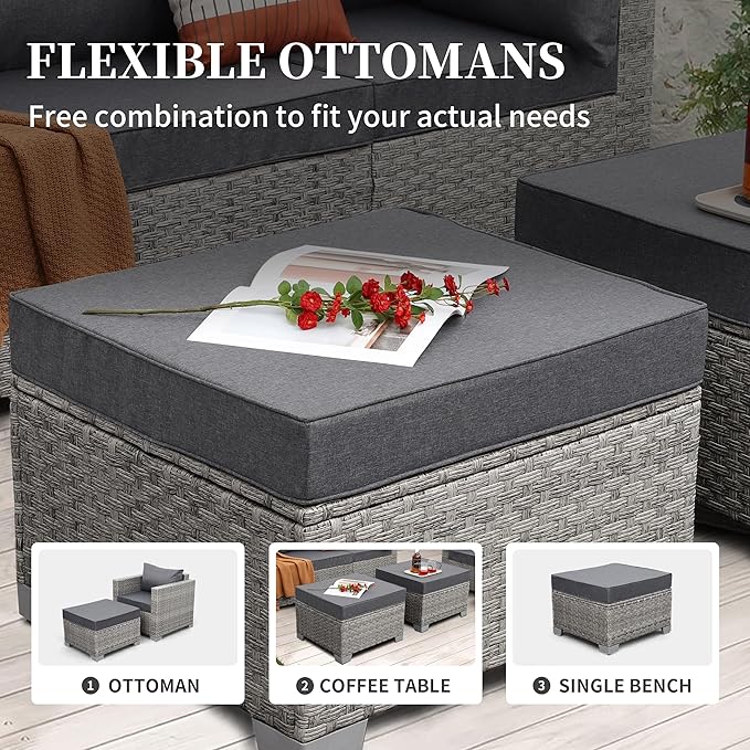 WAROOM Patio Furniture Set 6 Piece Grey Wicker Outdoor Sectional Sofa Balcony Furniture Couch PE Rattan Conversation Sets with Fire Pit Table, Grey Cushion