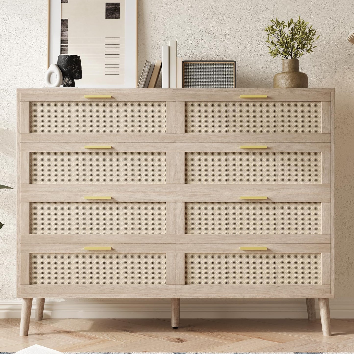8 Drawer Rattan Dresser,47.2" x 15.7" x 37" Modern Chest of Drawers Beside Table,Mid Century Modern Dresser for Closet with Handles for Bedroom, Living Room,Hallway, Entryway