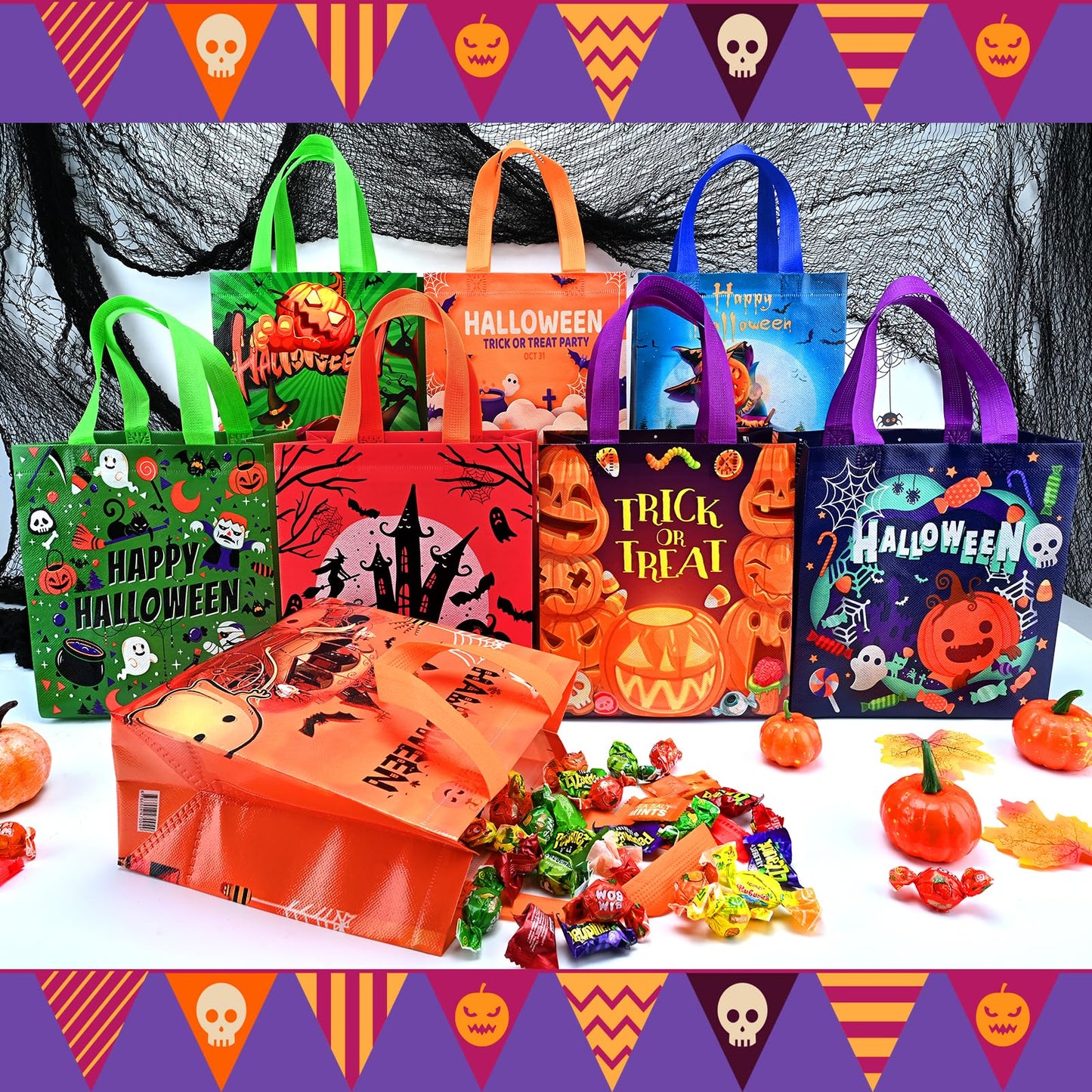 Ambandier 8PCS Halloween Trick or Treat Tote Bags with Handles，Halloween Candy Treat Bags for Kids, Non-Woven Gift Bag for Wrapping Party Decoration Supplies