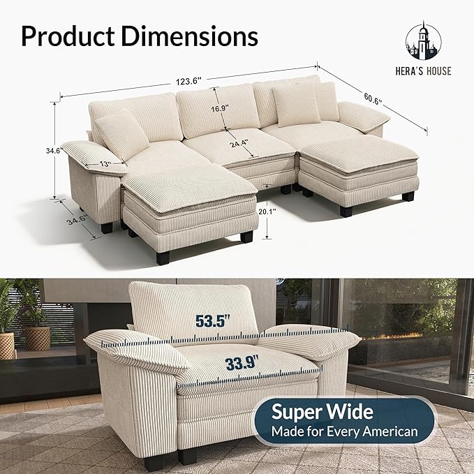 HERA'S HOUSE 124" Modular Sectional Sofa, Oversized U Shaped Couches for Living Room, Comfy Cloud Couch with Ottoman, 5-Seater Deep Seat Sofa with Throw Pillow, Corduroy Beige